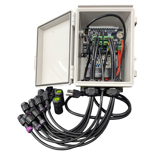 Baldrick Input8 ready-to-run interactive controller with open enclosure showing eight Turniput inputs, internal wiring, and xConnect cables.