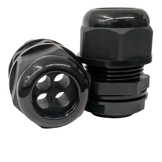 Two black nylon 4-hole M25 cable gland connectors on a white background