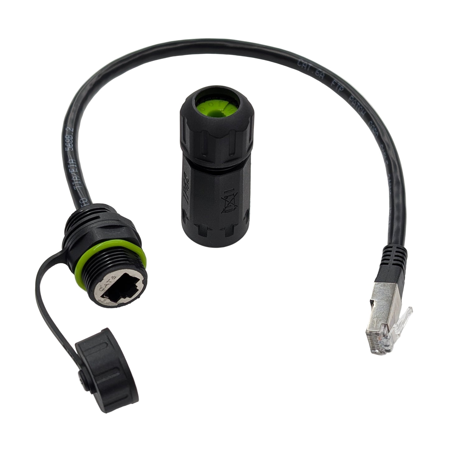 IP68 Waterproof RJ45 CAT6A panel mount passthrough connector with attached 300mm shielded CAT6 cable and protective cap.