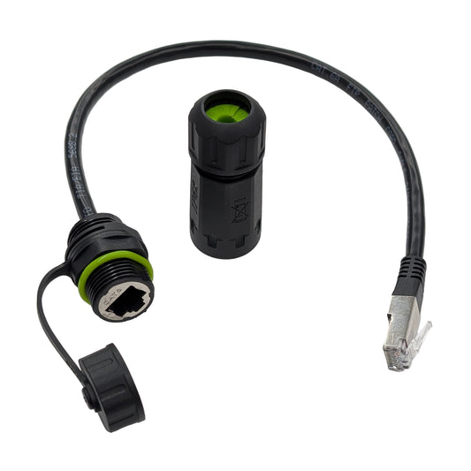 IP68 Waterproof RJ45 CAT6A panel mount passthrough connector with attached 300mm shielded CAT6 cable and protective cap.