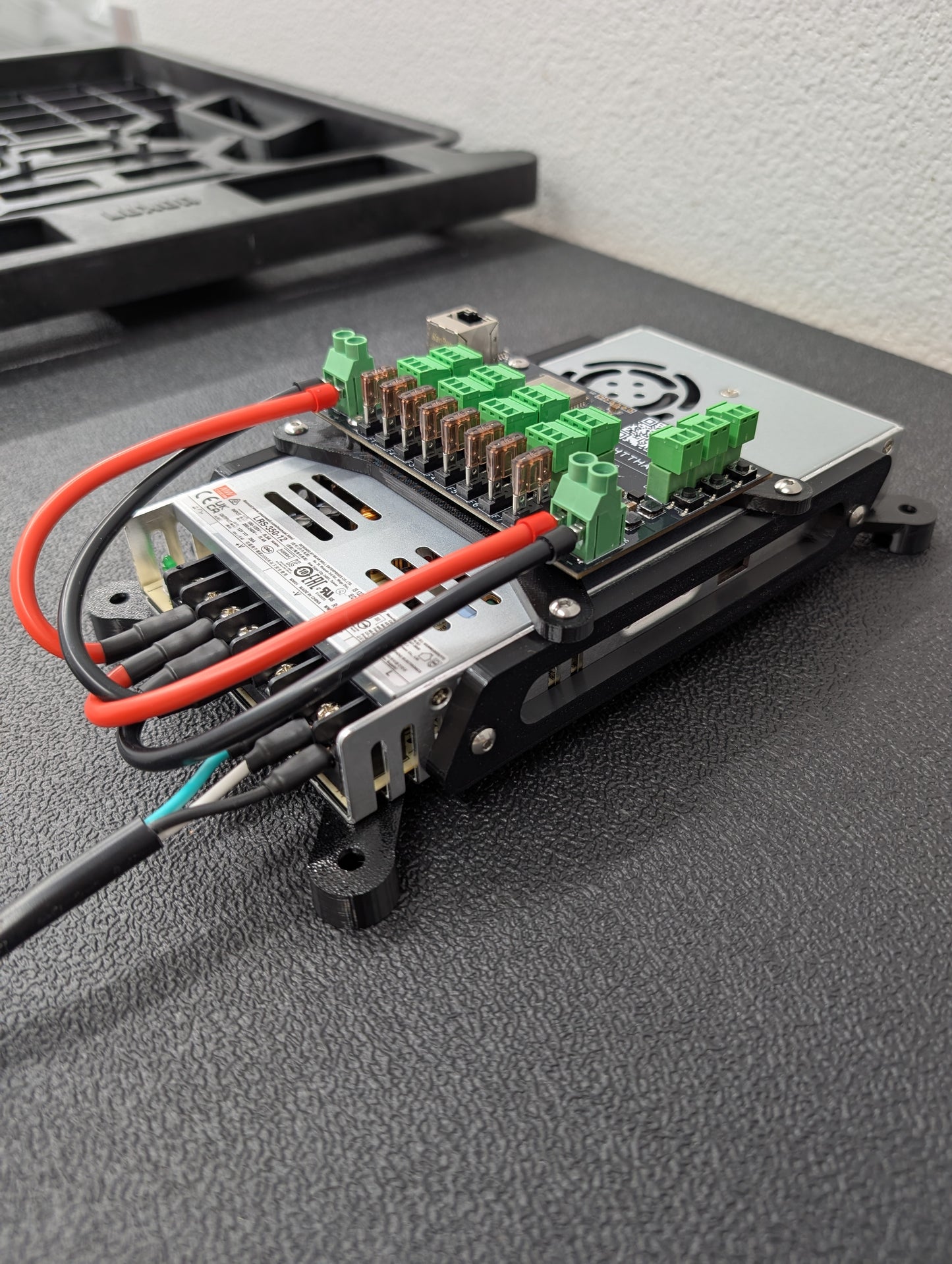Close up of power supply with Baldrick8 pixel controller board mounted on top.