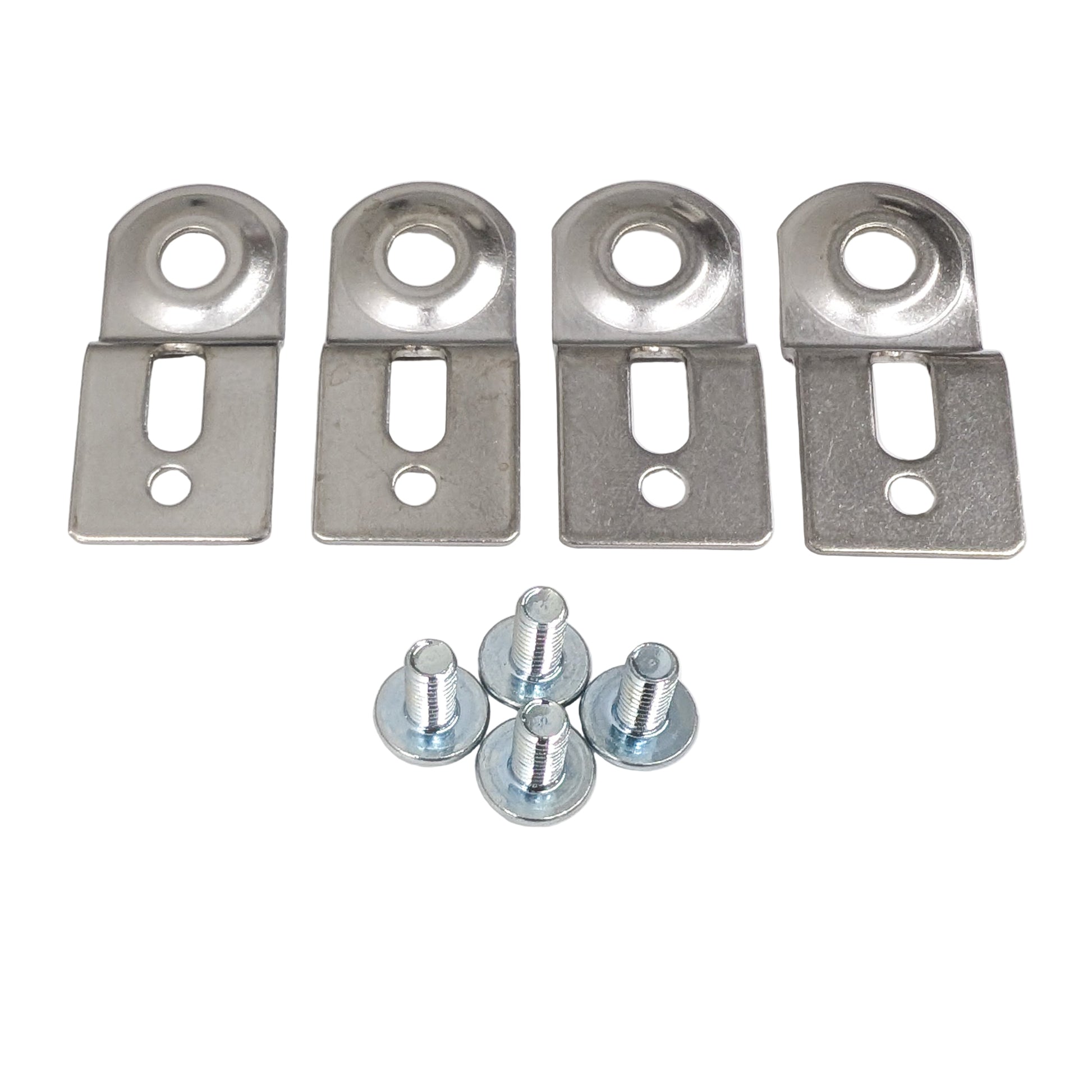 Set of four metal mounting brackets and with screws on a white background