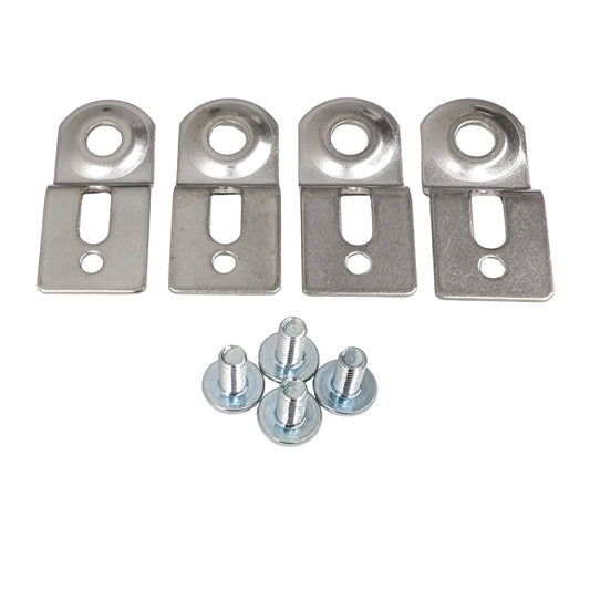 Set of four metal mounting brackets and with screws on a white background