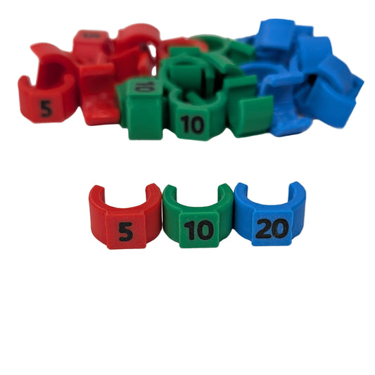 Color coded xConnect extension cable ID clips labeled 5ft red, 10ft green, and 20ft blue