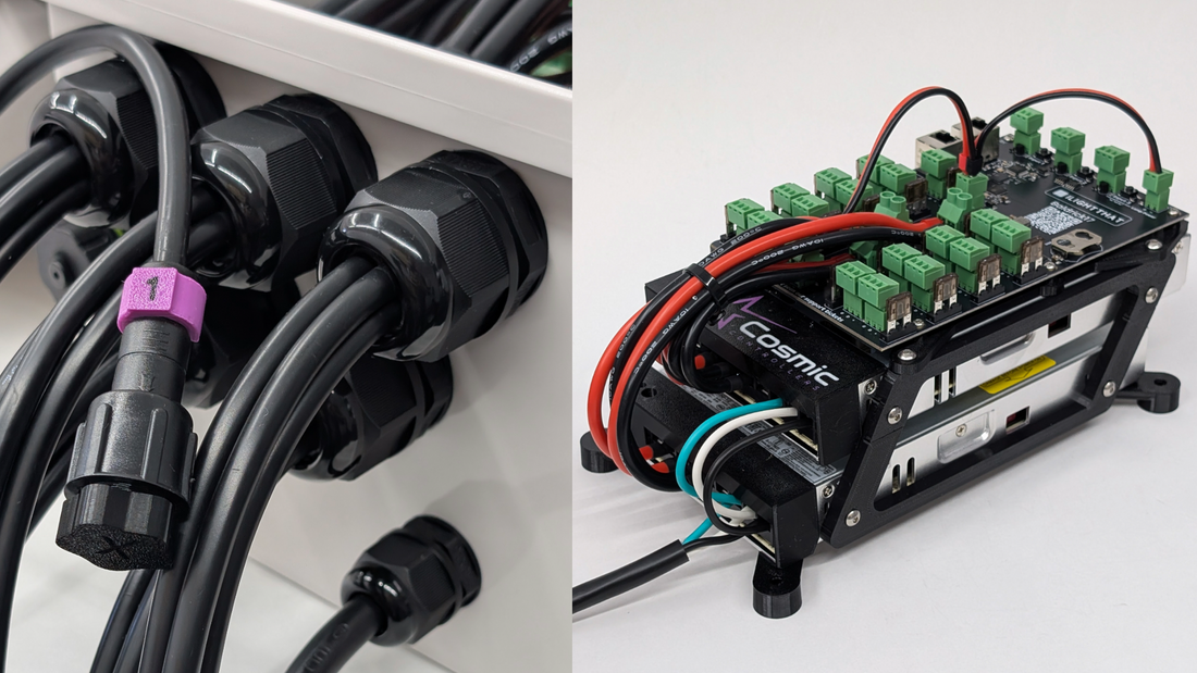 Side-by-side view of weather-protected cable connections and the integrated internal chassis of a Cosmic Baldrick-based RTR pixel controller.