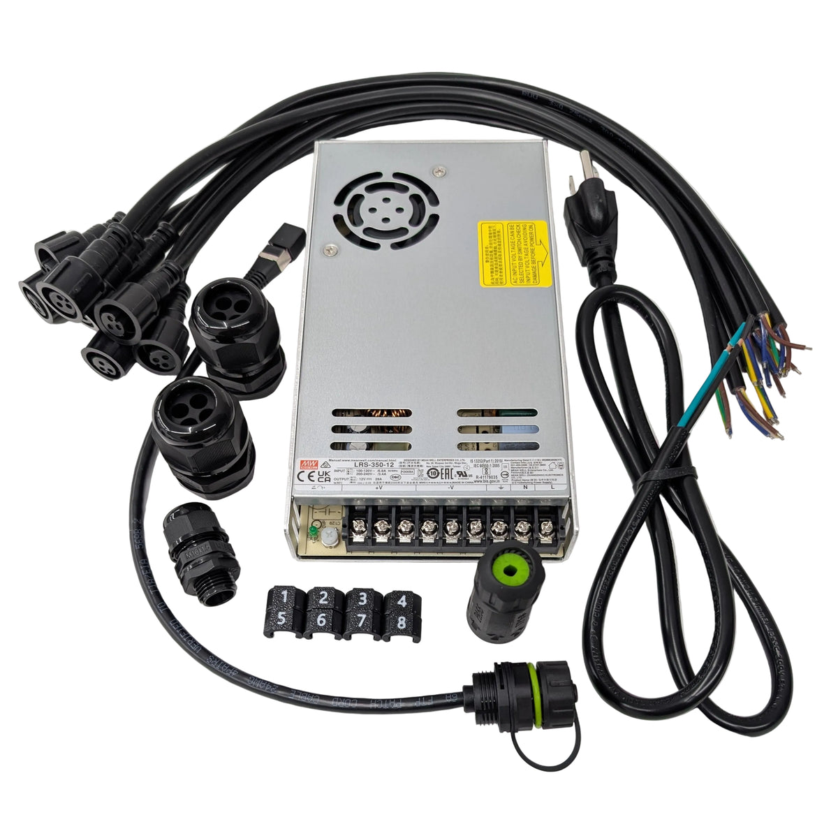 8-output DIY controller and receiver parts kit with Mean Well power supply, eight xConnect pigtails, cable glands, power cord, RJ45 fitting, and numbered cable clips.