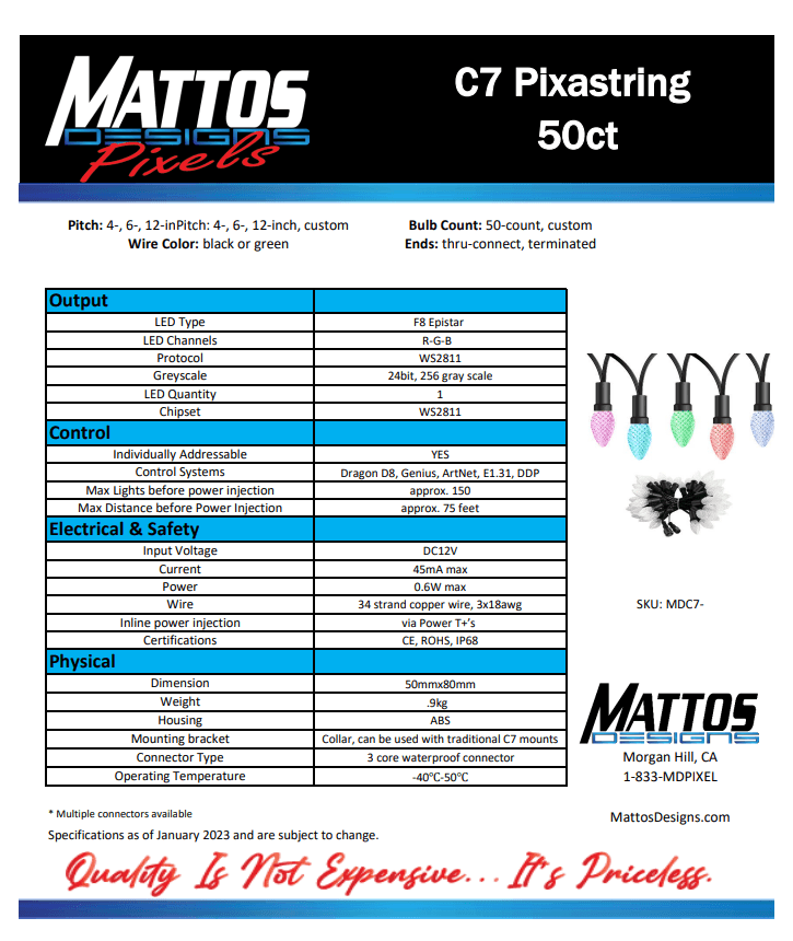 Mattos Designs™ 12V Replica C7 Pixels Double Data PixaString – Durable GS8208 LED Pixels