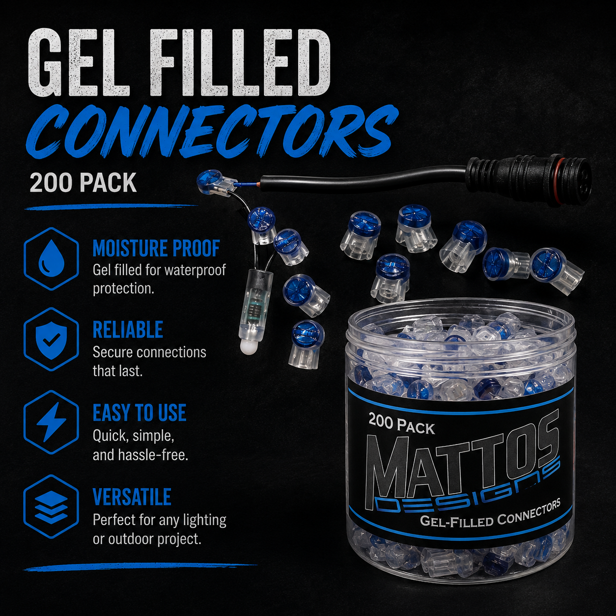 Mattos Designs™ Gel Filled Connectors – 200 Pack – Moisture-Resistant Wiring