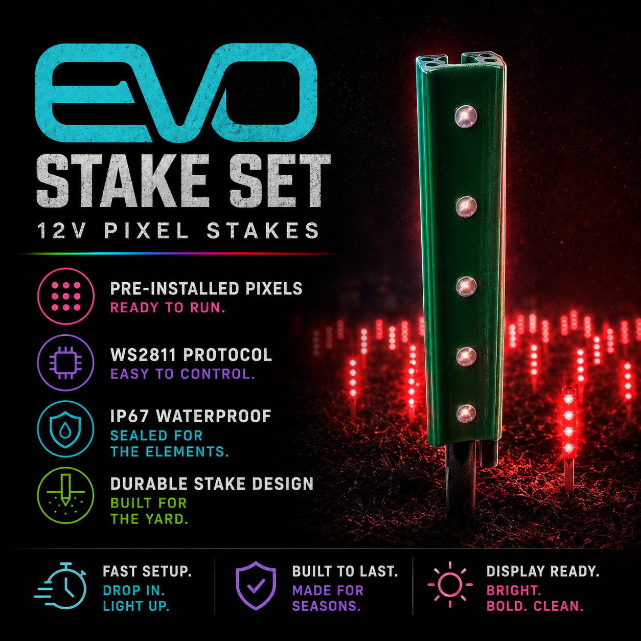 Mattos Designs™ EVO Stake Set – Durable 12V WS2811 Pixel Stakes IP67 Waterproof