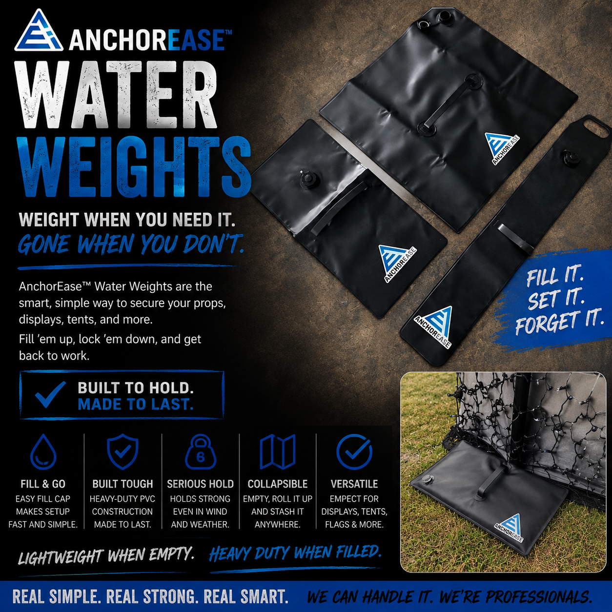 Mattos Designs™ AnchorEase™ Water Weights – Collapsible PVC Display Ballast Bags