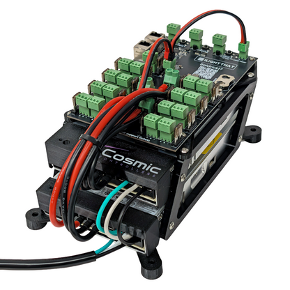 Baldrick17 ready-to-run pixel controller internal view showing the 17-port Baldrick board, Cosmic mounting system, and dual power supplies.