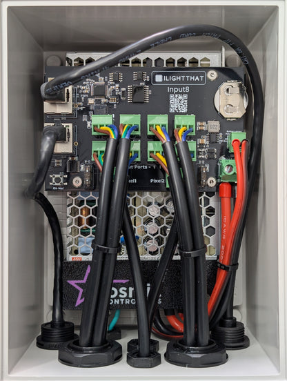 Interior view of Baldrick Input8 interactive controller wiring and Mean Well LRS-150-12 PSU