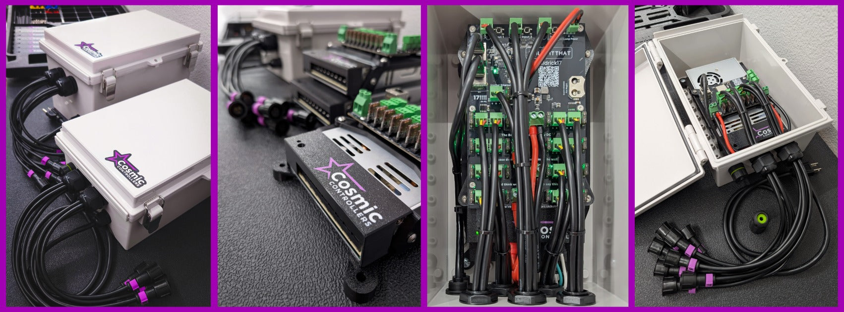 Collage of electronic enclosures with Cosmic Controllers branding on a purple grid background