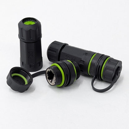 IP68 waterproof RJ45 CAT6 M20 cable gland coupler with female-to-female bulkhead connector, protective caps, and cable housings