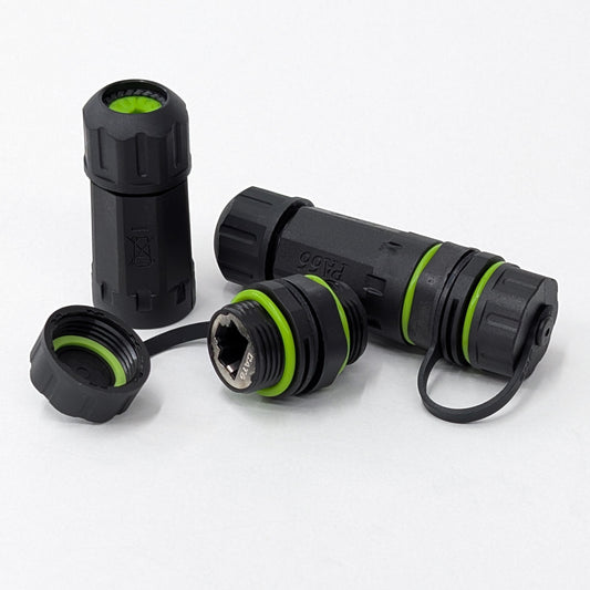 IP68 waterproof RJ45 CAT6 M20 cable gland coupler with female-to-female bulkhead connector, protective caps, and cable housings