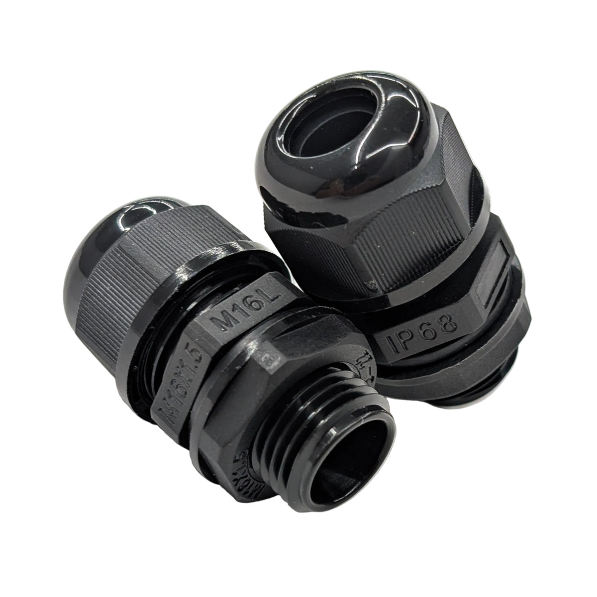 Black M16L long-thread IP68 cable glands with M16 x 1.5 thread for 5–10mm cable