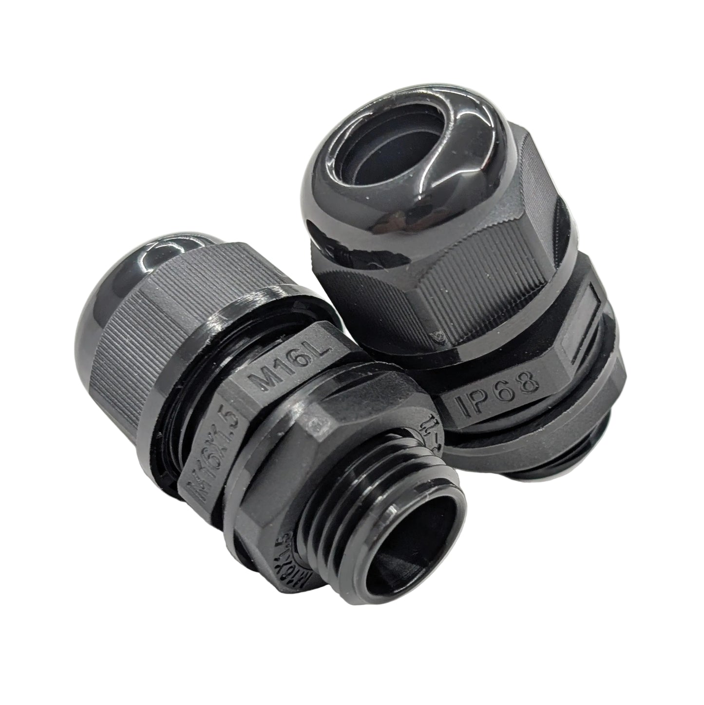 Black M16L long-thread IP68 cable glands with M16 x 1.5 thread for 5–10mm cable