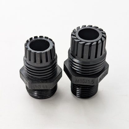Side-by-side comparison of an M16L long-thread cable gland and a PG11 cable gland showing differences in body size, sealing nut size, and overall construction