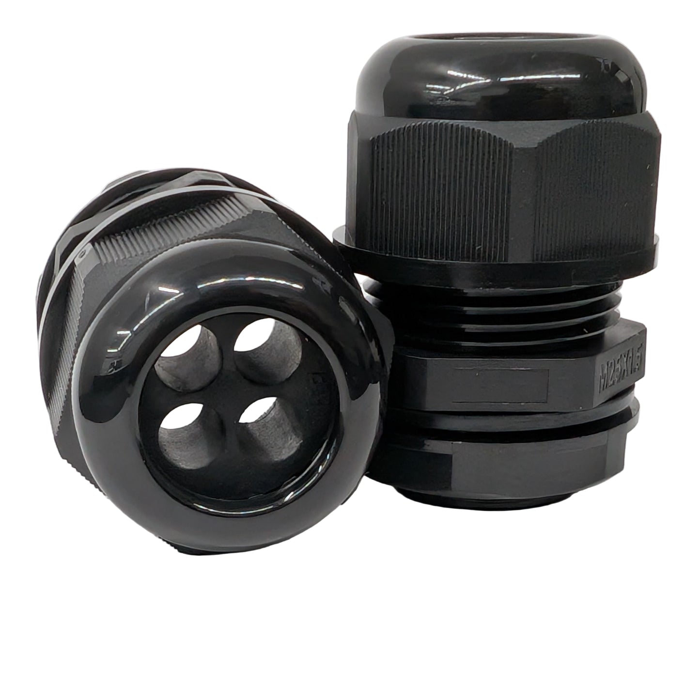 Two black nylon 4-hole M25 cable gland connectors on a white background