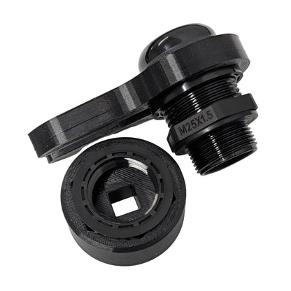 Close up view of two black 33mm cable gland tools on a white background with a M25 cable gland.