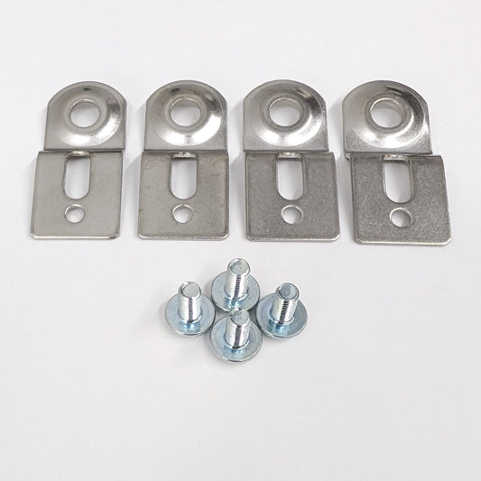 Set of four metal mounting brackets and with screws on a white background