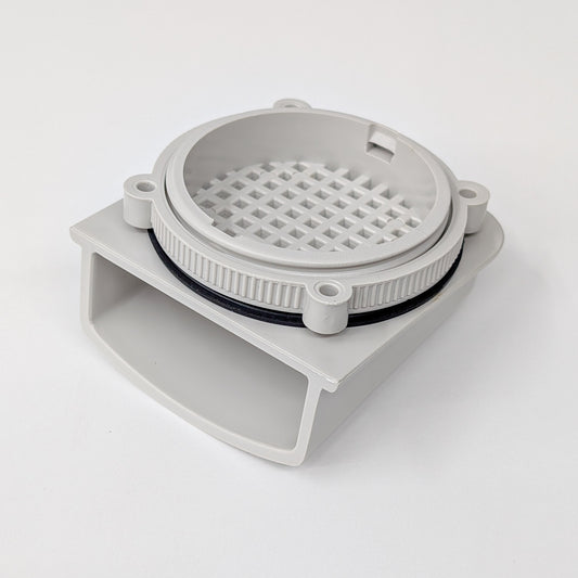 Gray plastic enclosure vent with a grid on a white background
