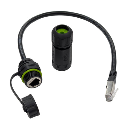 IP68 Waterproof RJ45 CAT6A panel mount passthrough connector with attached 300mm shielded CAT6 cable and protective cap.