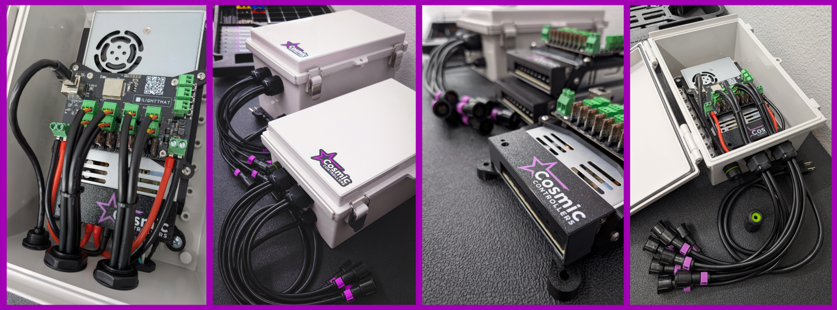 Collage of electronic equipment with 'Cosmic Controllers' branding on a purple grid background