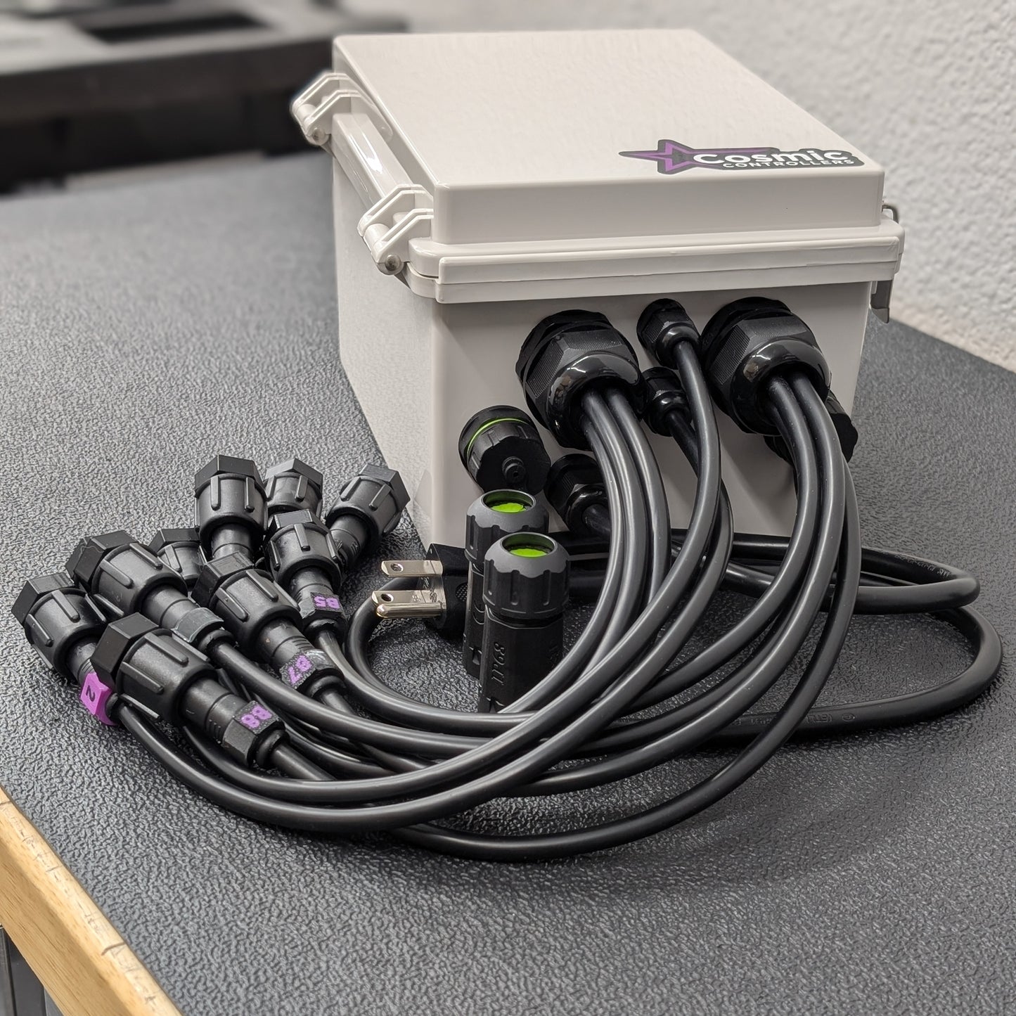 Outdoor UV-resistant enclosure with waterproof pigtails and connectors – front angle