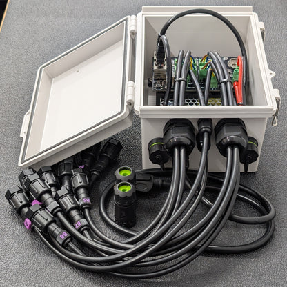 Open enclosure – left angle, showing Ethernet/USB access and cable glands