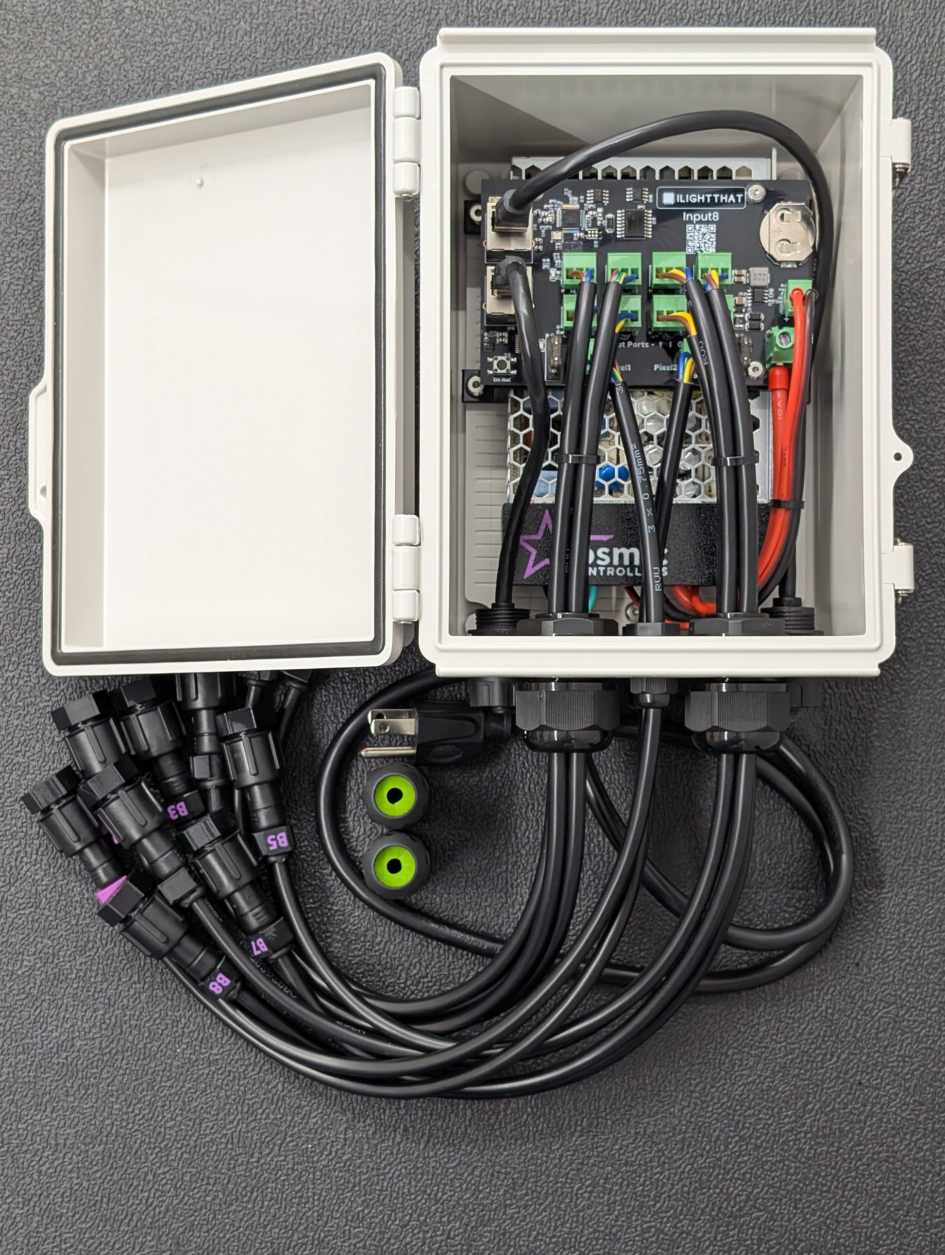 Top-down view of completed controller with labeled pigtails