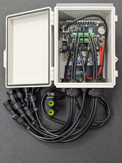 Top-down view of completed controller with labeled pigtails