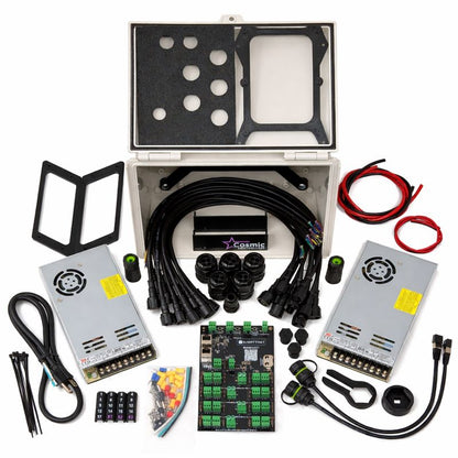 Baldrick17 controller kit by Cosmic Controllers showing enclosure, power supplies, control board, cables, and connectors on a white background