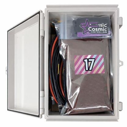Open Baldrick17 controller enclosure with cables and components packaged inside, by Cosmic Controllers