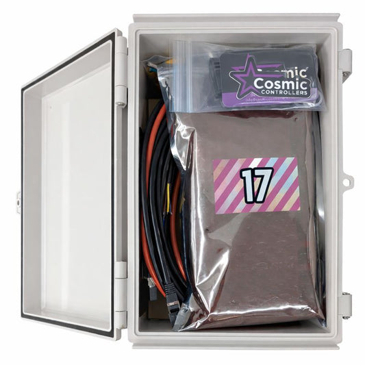 Open Baldrick17 controller enclosure with cables and components packaged inside, by Cosmic Controllers