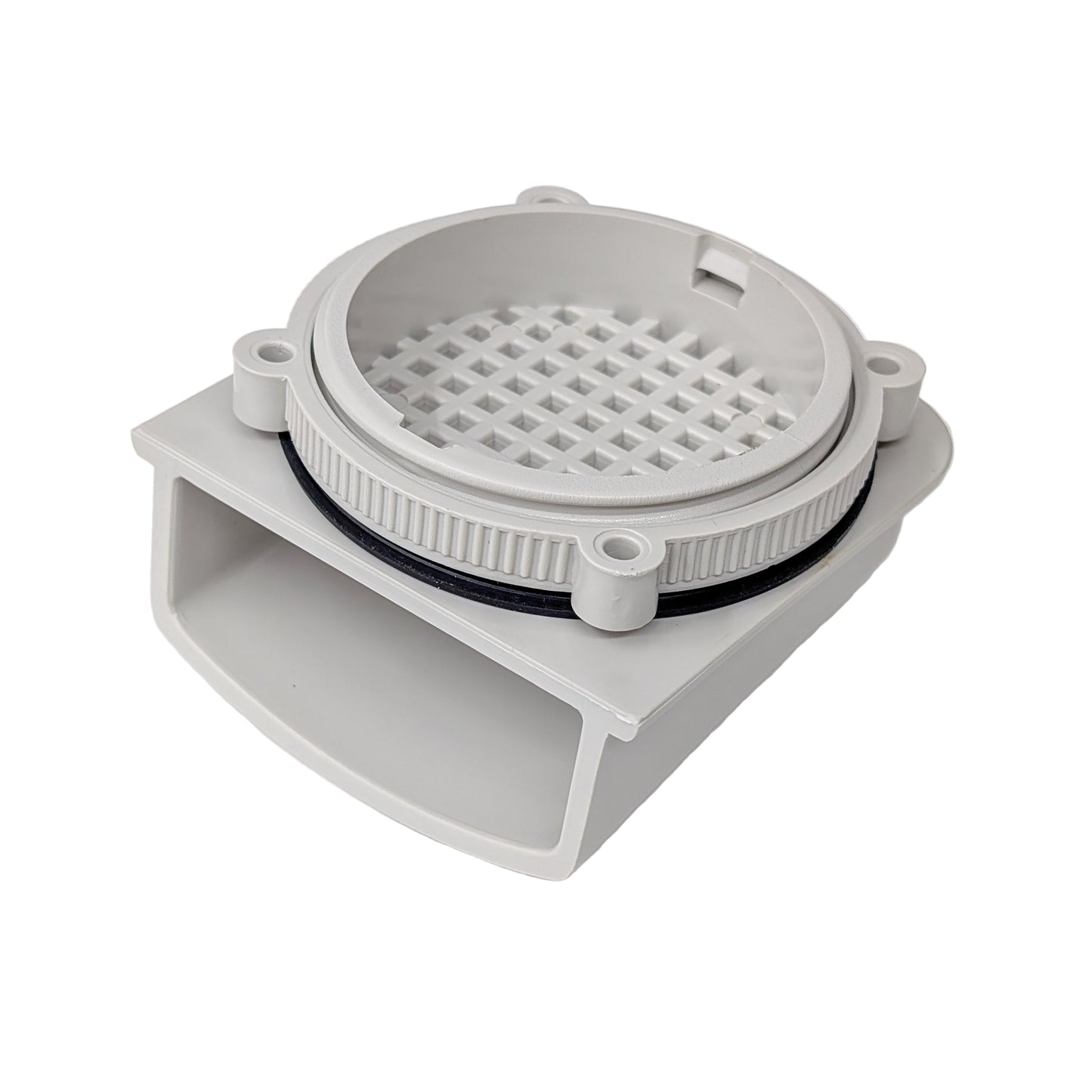 Gray plastic enclosure vent with a grid on a white background