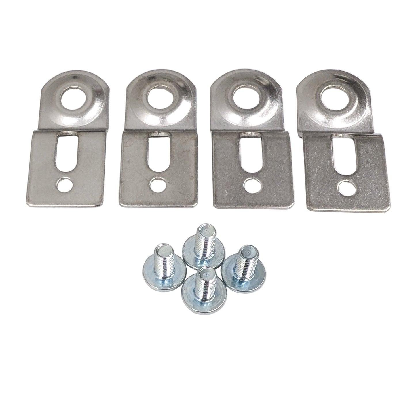 Set of four metal mounting brackets and with screws on a white background