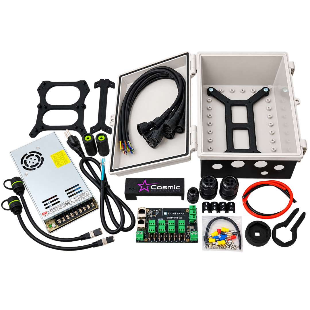 Cosmic Controllers Baldrick8 V2 DIY pixel controller kit with enclosure, power supply, pigtails, glands, mounting hardware and accessories