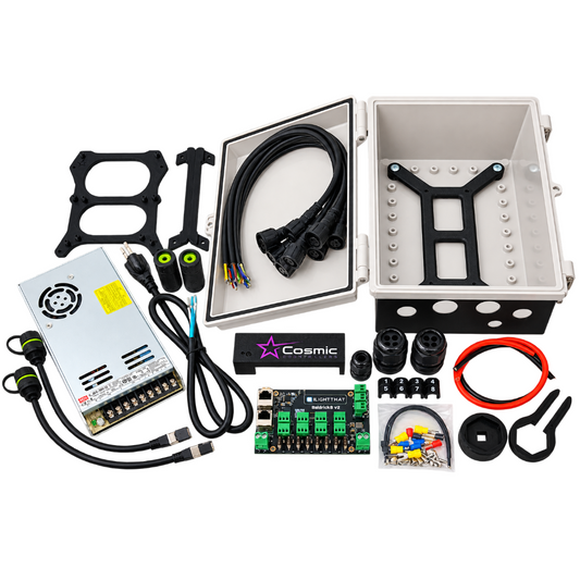 Cosmic Controllers Baldrick8 V2 DIY pixel controller kit with enclosure, power supply, pigtails, glands, mounting hardware and accessories