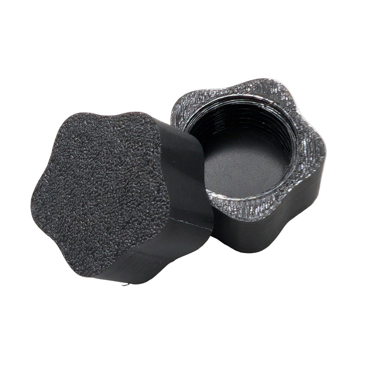 Black 3D-printed Cosmic xConnect female end cap showing internal threads and silicone gasket seal.