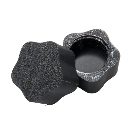 Black 3D-printed Cosmic xConnect female end cap showing internal threads and silicone gasket seal.