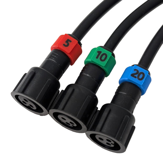 xConnect extension cable ID clips labeled 5ft red, 10ft green, and 20ft blue installed on extension cables